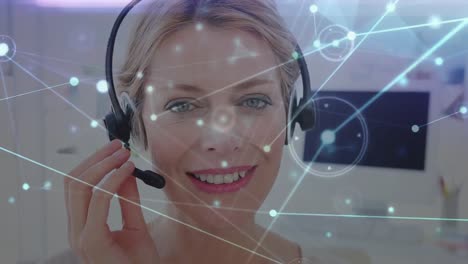 Animation-of-network-of-connections-over-businesswoman-wearing-phone-headset