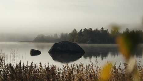 Dolly-Aufnahme-Eines-Nebligen-Herbstmorgens-Mit-Halb-Untergetauchten-Felsen-Auf-Einem-See,-Blätter-Im-Vordergrund