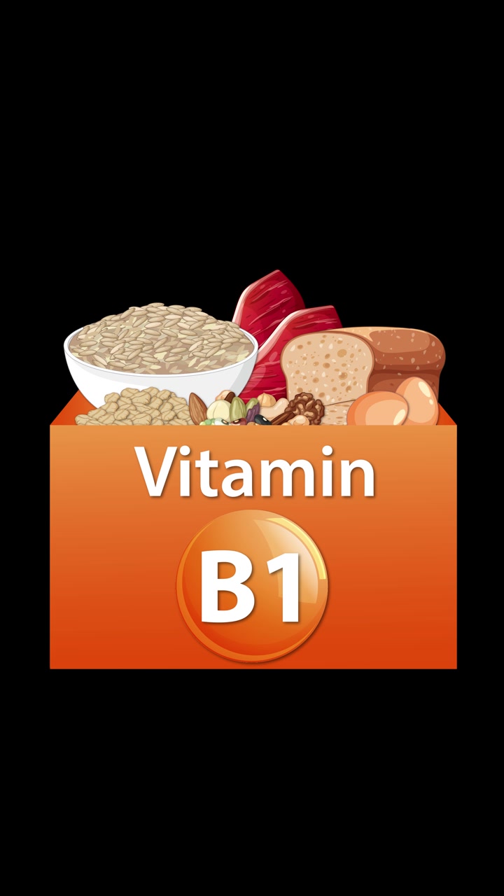Turuncu kutu, B1 Vitamini etiketini ve sağlıklı yiyecekleri gösteriyor, akıcı geçişler, siyah arka plan, dikey format.
