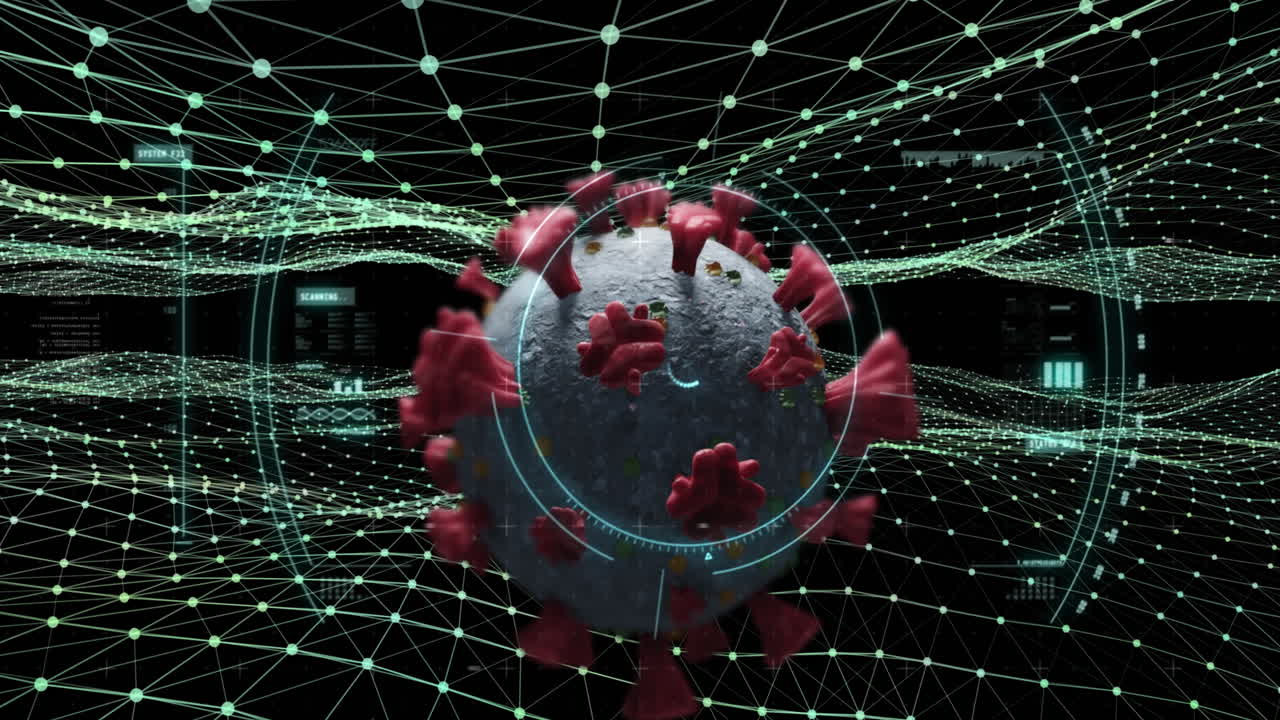 Animation of covid 19 cell with scope scanning and green mesh