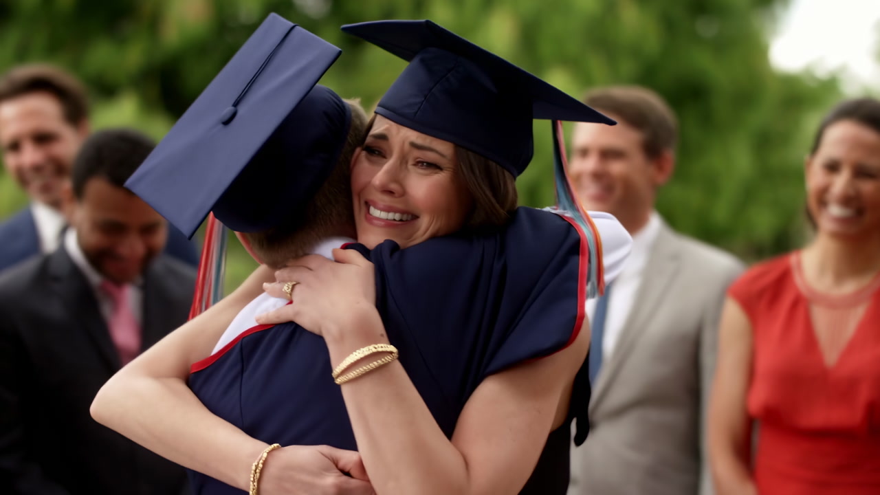 Graduate Hugging Friend Outdoors Emotional Reunion, Closeup Of Smiling Young Woman In Cap And Gown Embracing