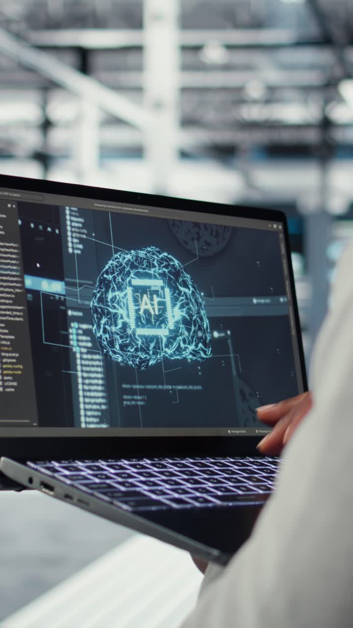 Vertical video Close up of server hub admin using tablet to do infrastructure AI automatization