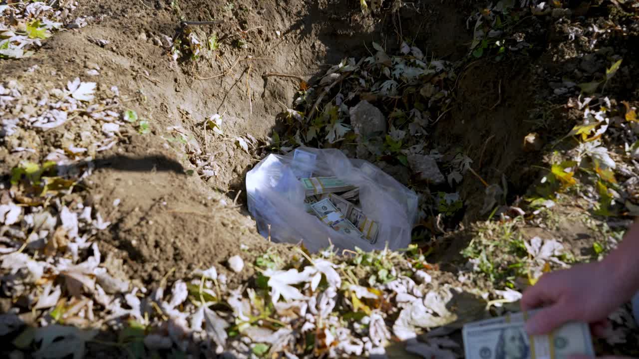 백인 남자는 정원에 있는 구멍에서 돈을 받고, 달러 지폐를 손에 들고, 총에 추적