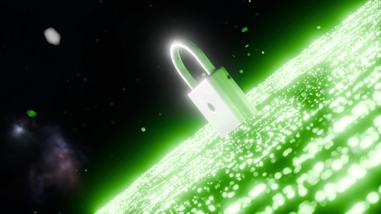 Metal padlock standing on glowing green digital surface in dark space. Cyber security and data protection concept. Design for poster, banner, wallpaper, header