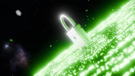 metal padlock standing on glowing green digital surface in dark space. cyber security and data protection concept. design for poster, banner, wallpaper, header