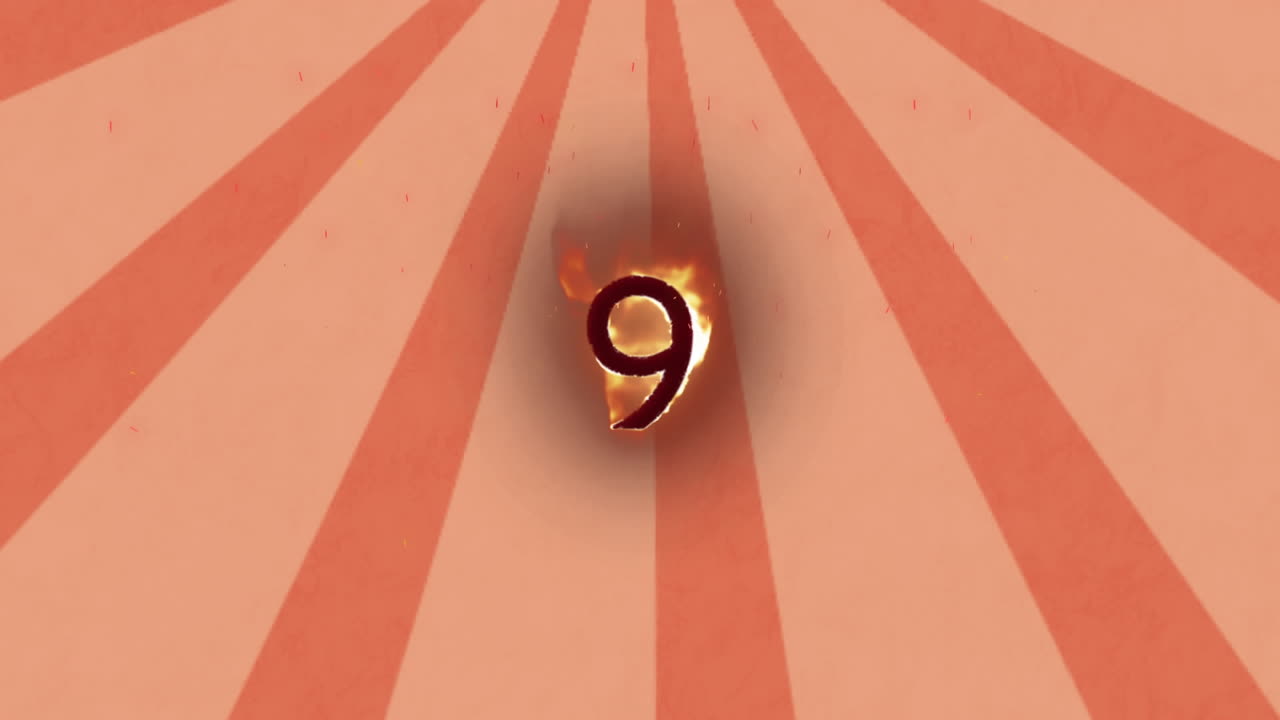 animación de un número en llamas sobre un fondo a rayas