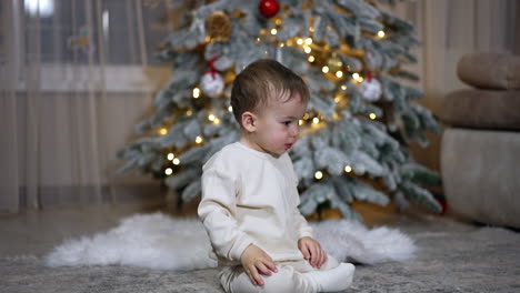 baby sitting by christmas tree