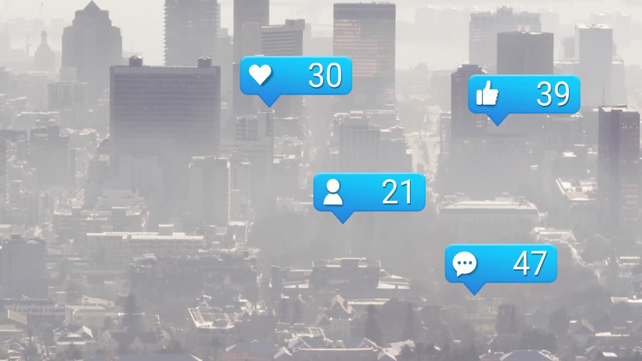 소셜 미디어 아이콘의 애니메이션과 도시 풍경에 대한 데이터 처리