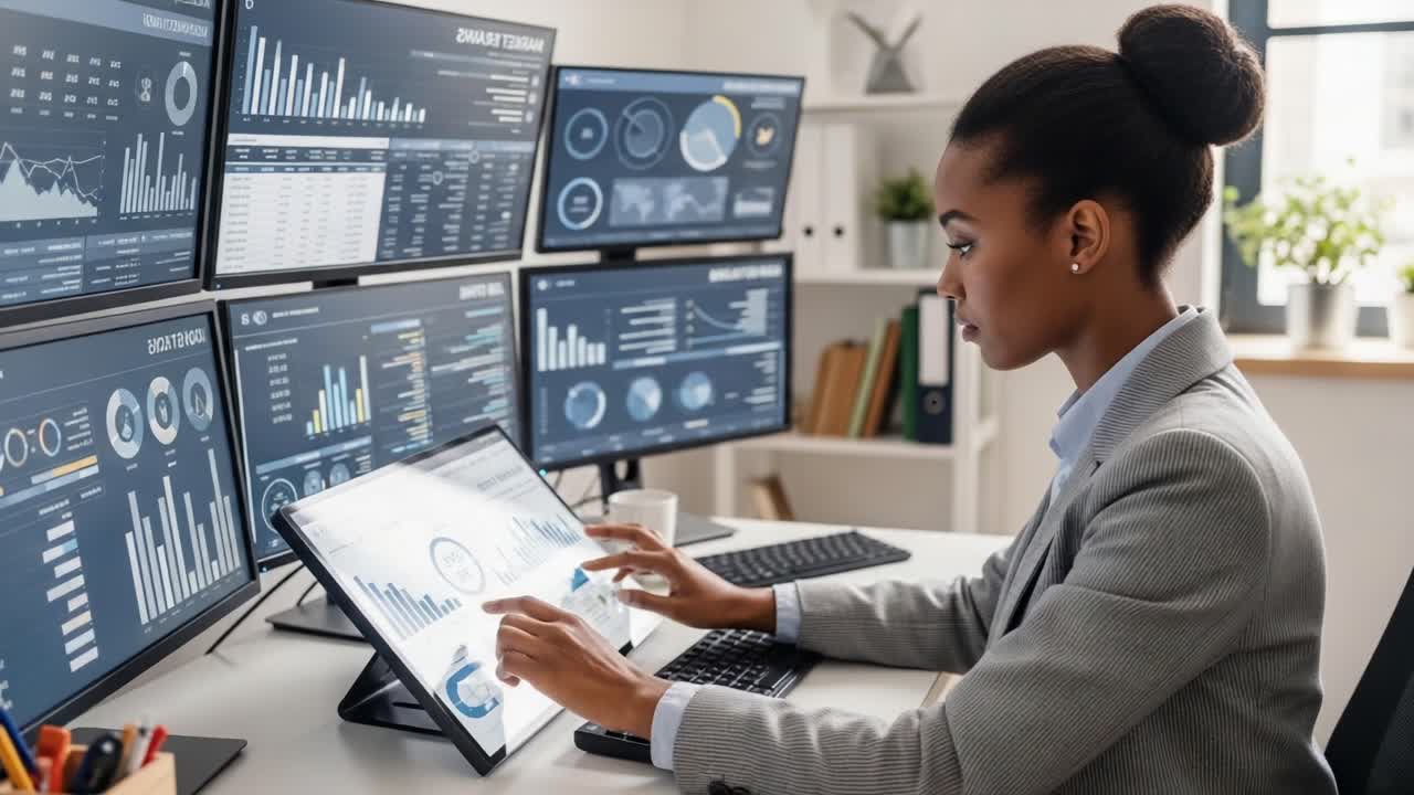 Focused Professional Analyzing Data on a High-Tech Monitor in a Modern Office Setting, Engaged in Advanced Data Interpretation and Visualization