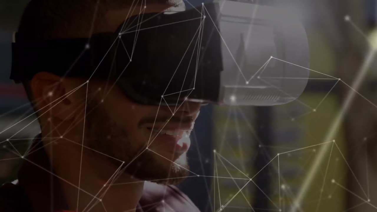 Animation of network of connections over businessman using vr headset