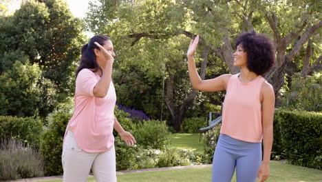 high-fiving, mother and adult daughter enjoying outdoor exercise in park, smiling and bonding