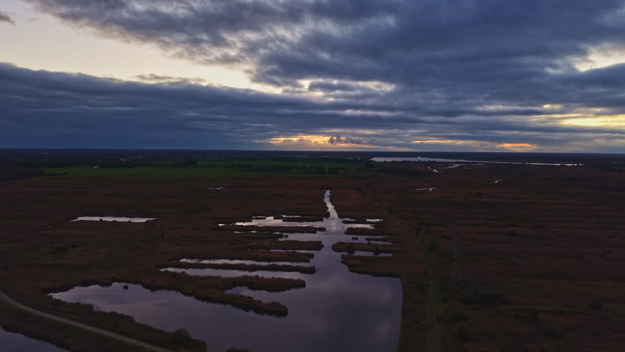 Golden reflections in a quiet wetland at dusk reveal the beauty of nature's tranquility