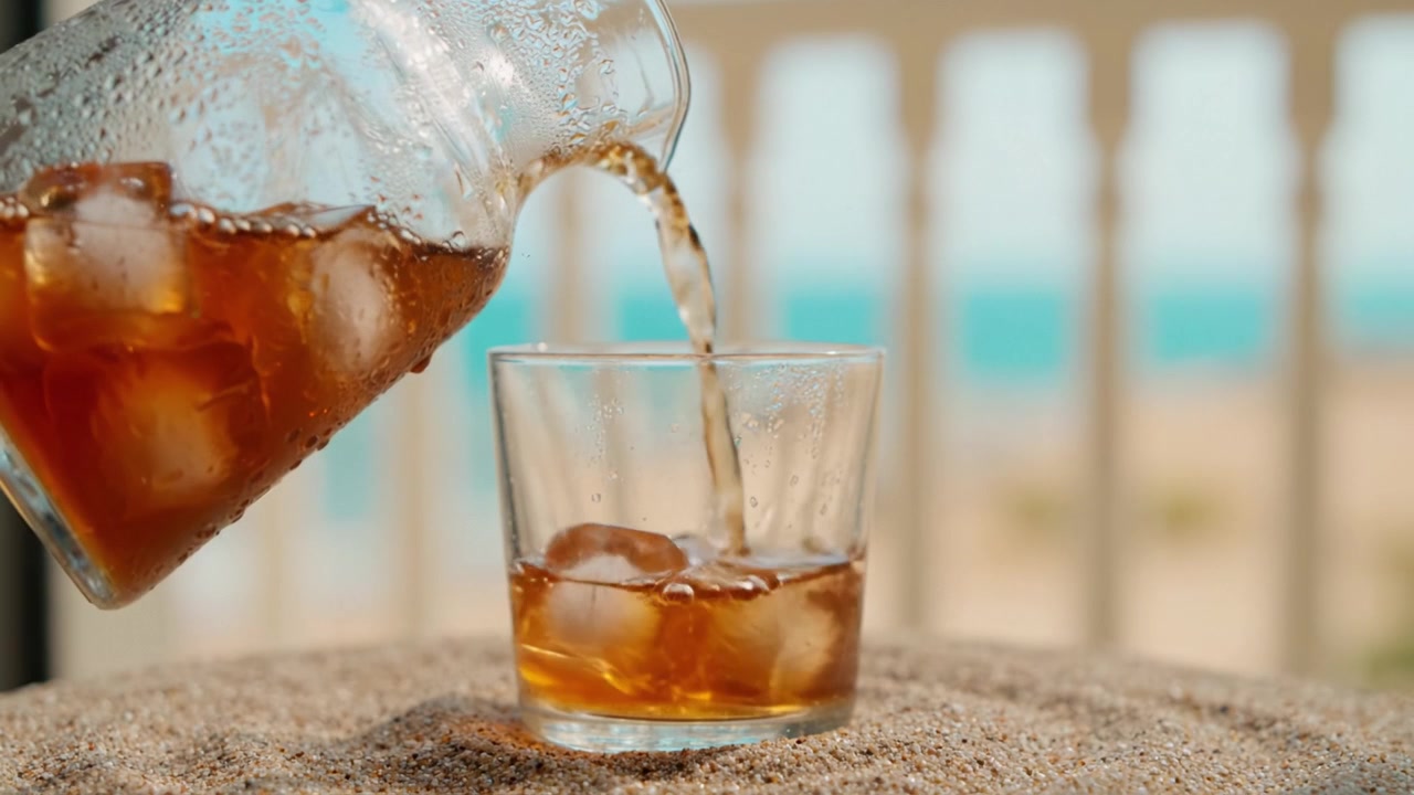 Bevanda rinfrescante versata su ghiaccio in un bicchiere con uno splendido sfondo costiero, perfetta per una giornata calda o un momento di relax in riva all'acqua.