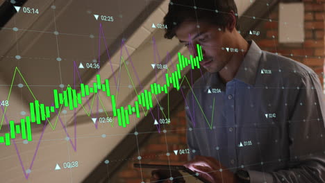 animation of multiple graphs with changing numbers over caucasian man scrolling on digital tablet