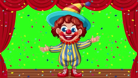 a cheerful clown performs on stage with vibrant confetti, set against a bright green background and red curtains