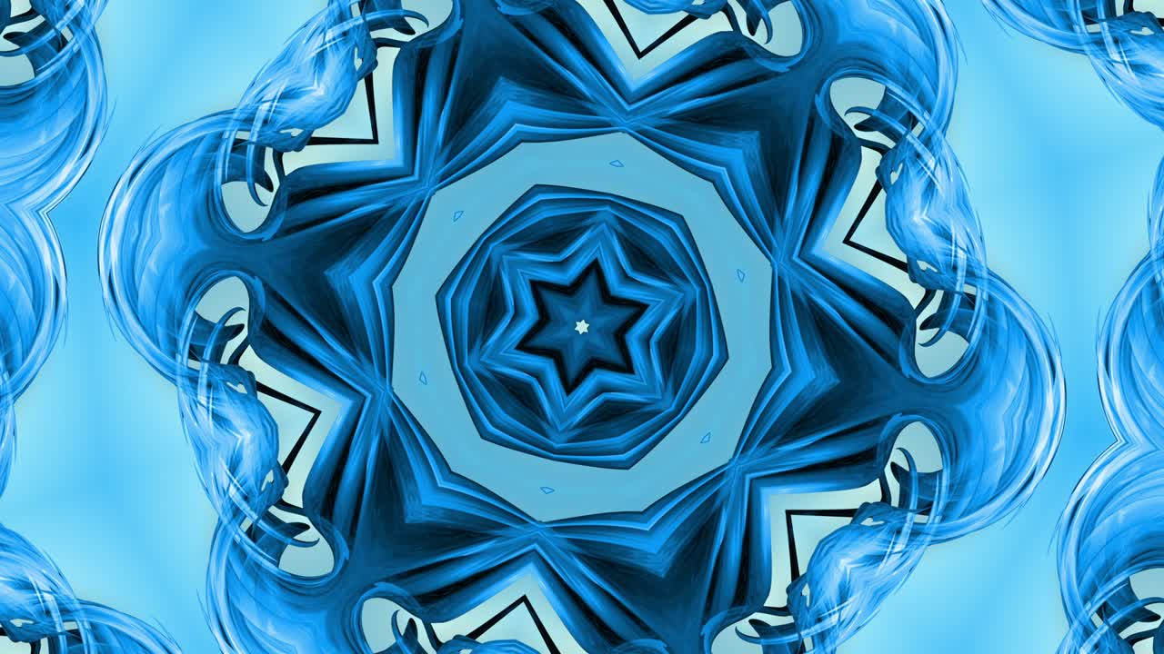animación en bucle 3d, un fondo abstracto con cintas azules girando y formando estrellas o copos de nieve como con un efecto caleidoscópico.
