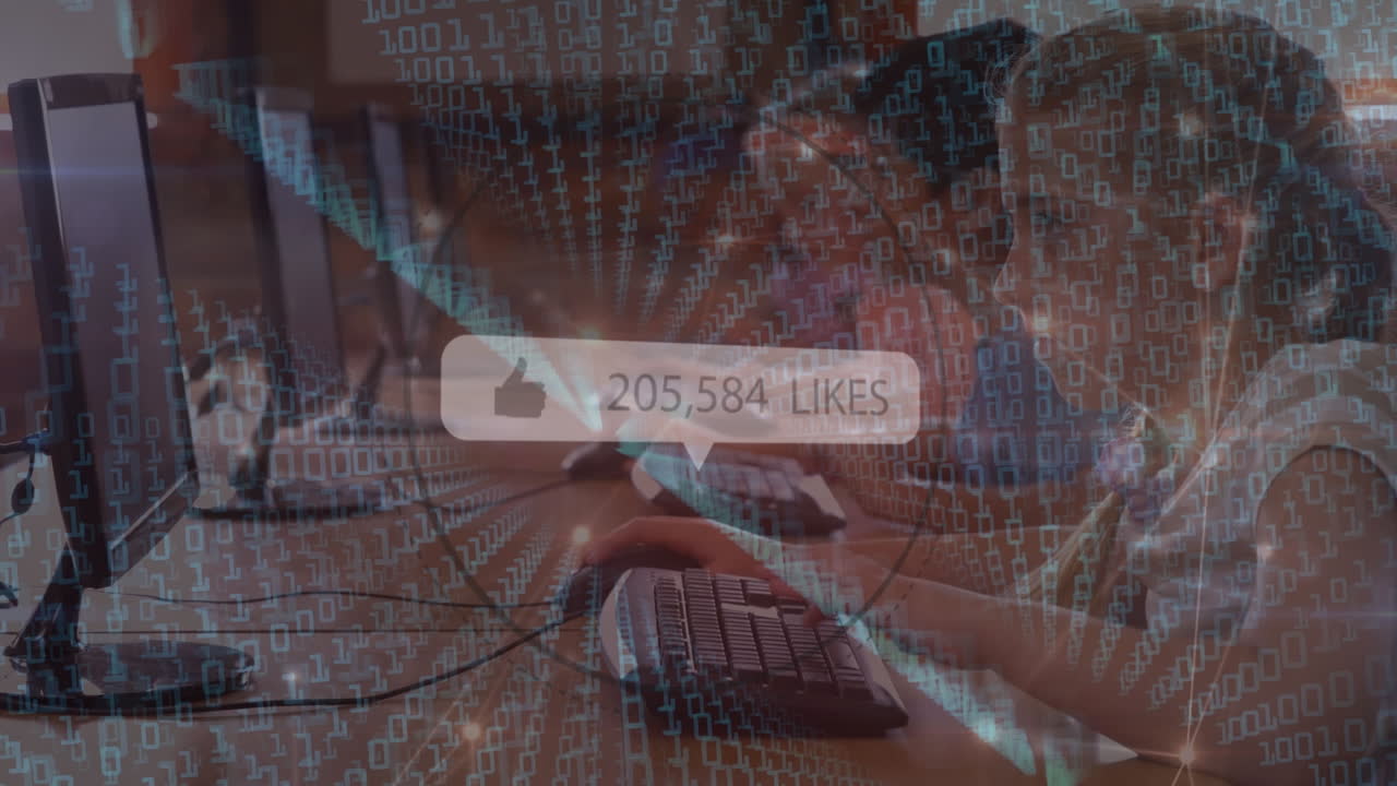 연결 점의 애니메이션, 이진 코드, 컴퓨터를 사용하는 다민족 학생에 대한 좋아함 카운터