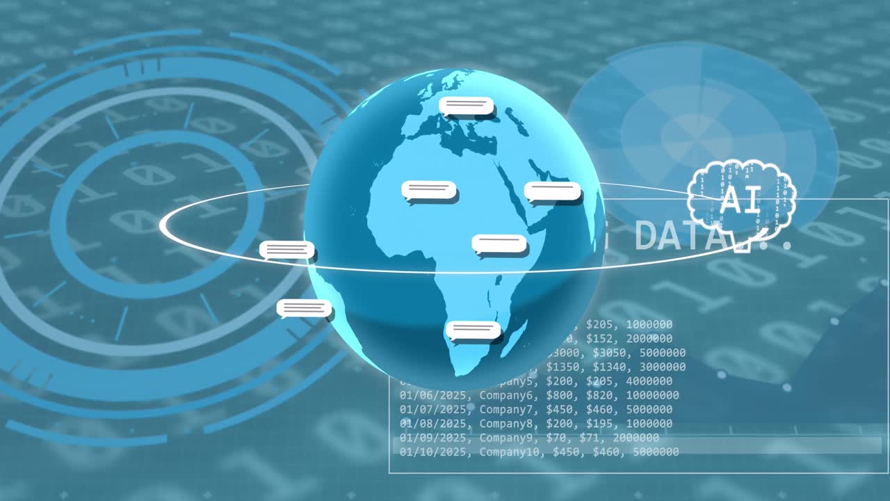 Animation of ai text and icon over globe and data processing