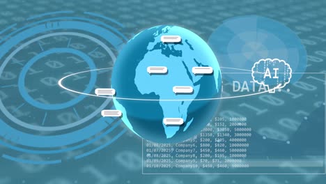 animación de un texto e icono en el globo y procesamiento de datos