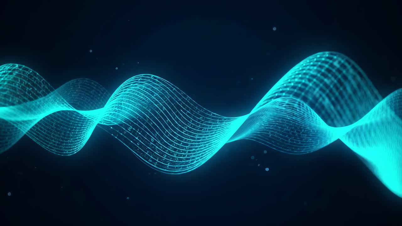 Starting cyan mesh wave undulating across navy void with pulsing binary digits, drifting particles