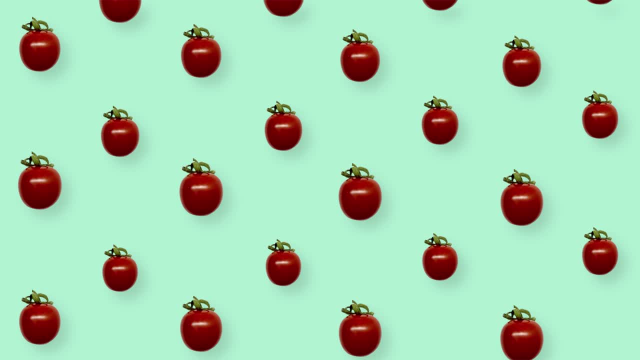 녹색 배경에 신선한 은 토마토의 다채로운 패턴, 체리 토마토와 함께 원활한 패턴, 현실적인 애니메이션, 4k 비디오 모션
