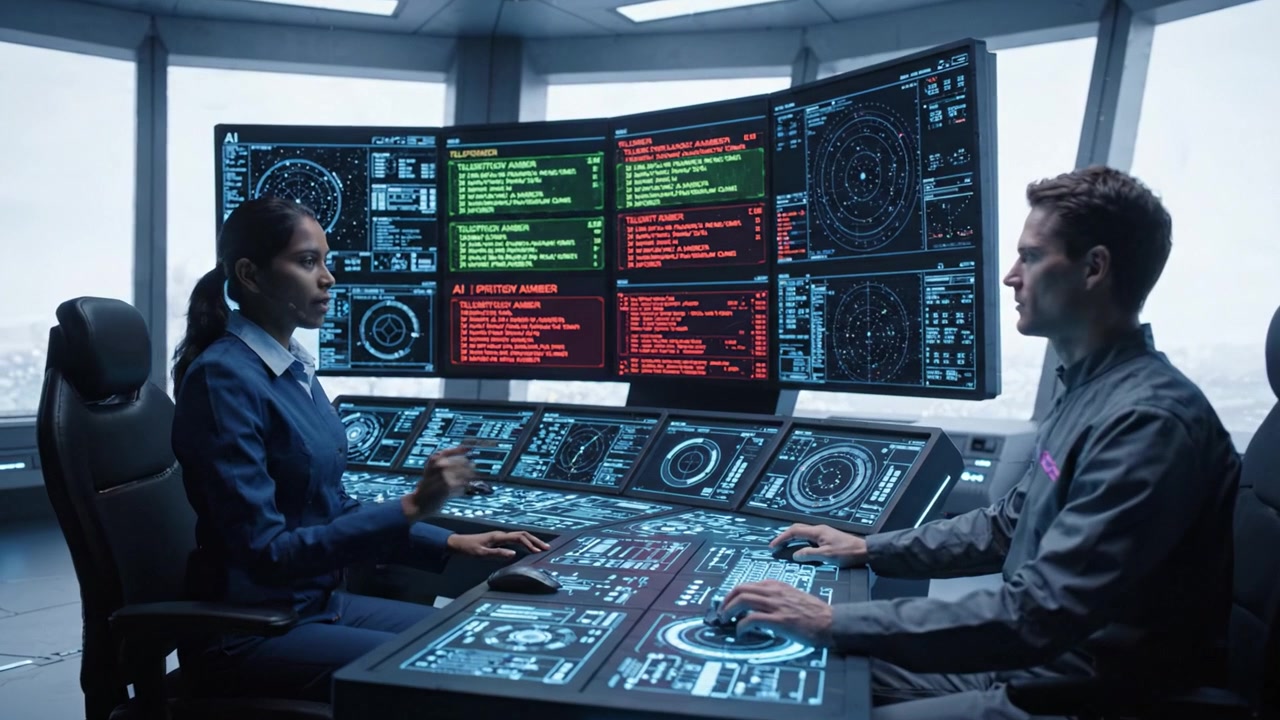 Intense Moment in Control Room: Two Operators Focused on Monitors as Data Changes from Calm to Emergency Alerts, Highlighting a Critical Situation in Real-Time Operations