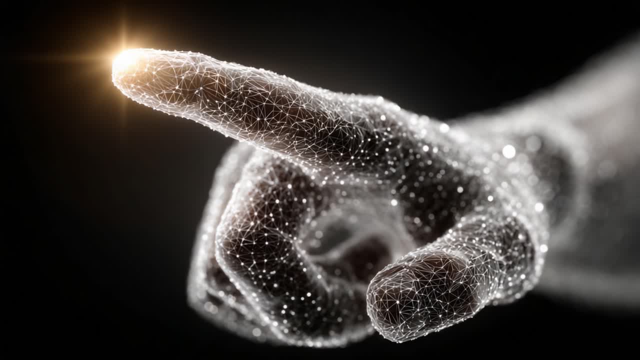A Transparent Hand Pointing Towards a Bright Light, Illustrating the Intersection of Technology and Human Touch in a Digital Realm