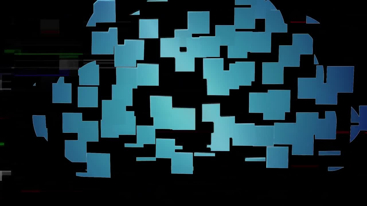 Animation of blue squares making cloud over black background with lines