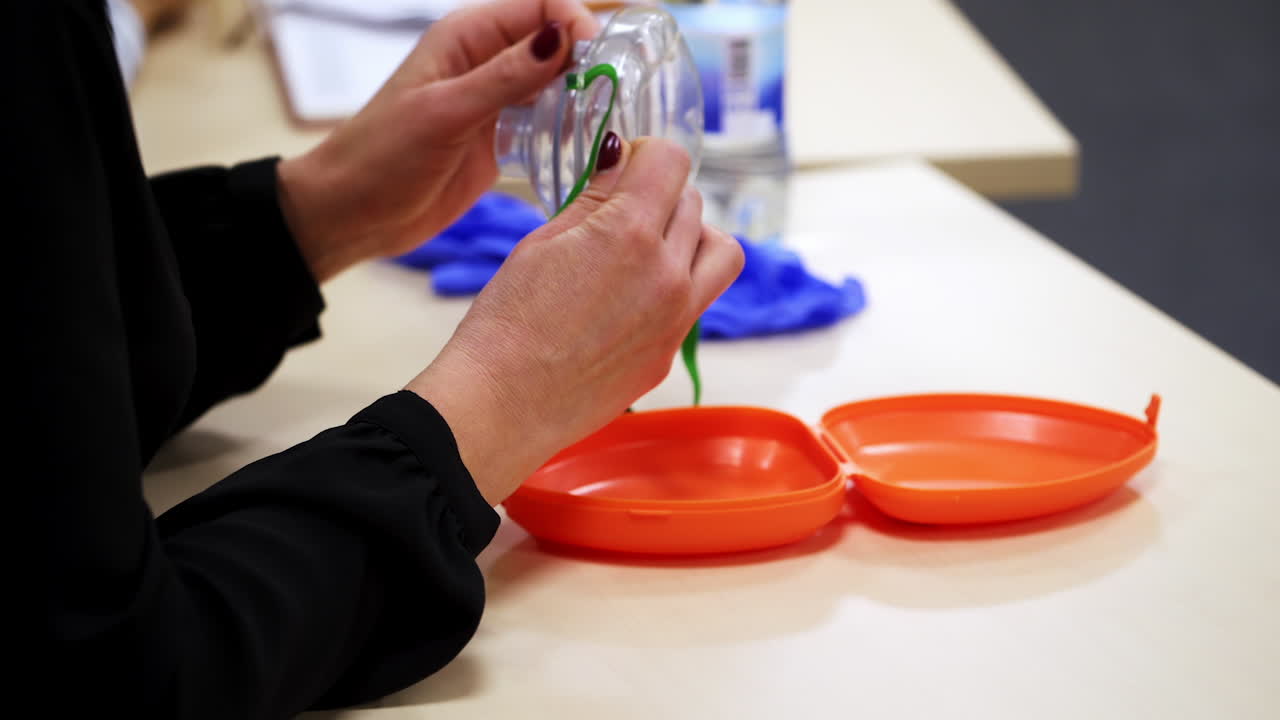 Closeup details of oxigen mask for training or practicing techniques. Healthcare and education video