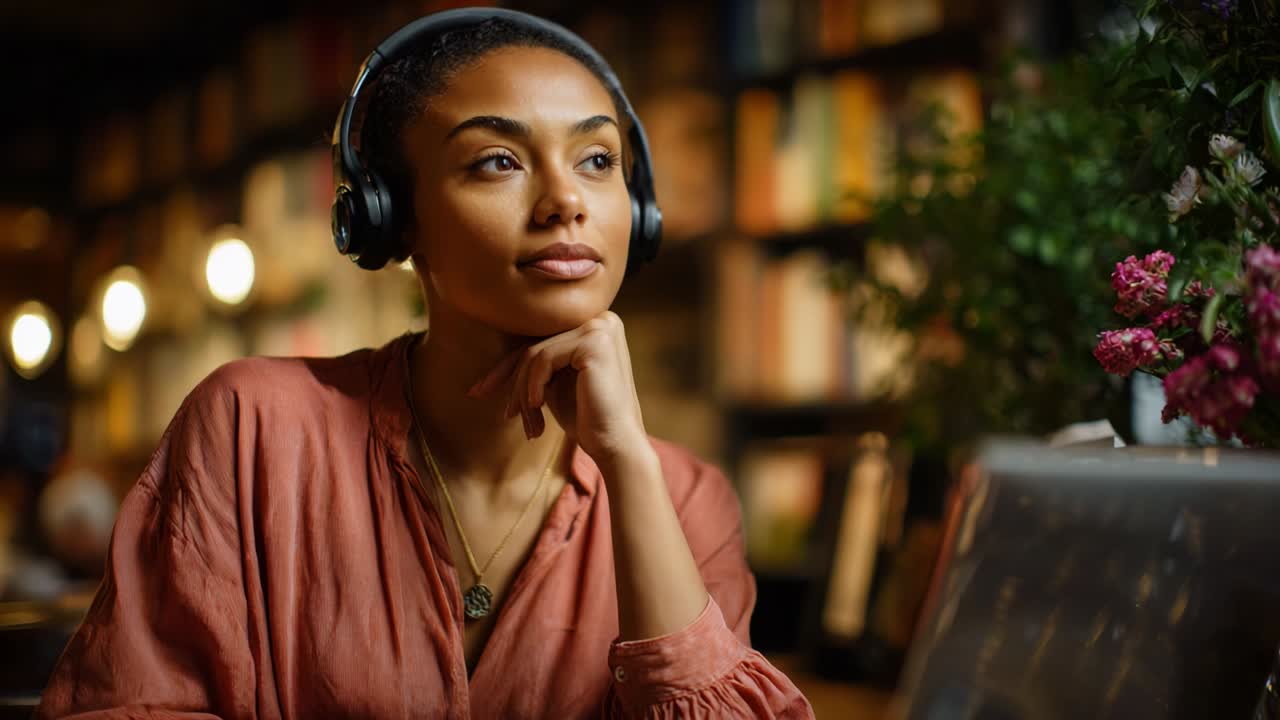 A Reflective Moment in a Cozy Library Setting: A Young Woman Lost in Thought While Listening to Music with Headphones, Surrounded by Books and Greenery in a Warm, Inviting Atmosphere