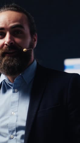 vertical video male entrepreneur leading a visionary business pitch at the convention