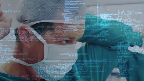 animation of data processing over smiling caucasian male surgeon putting face mask on