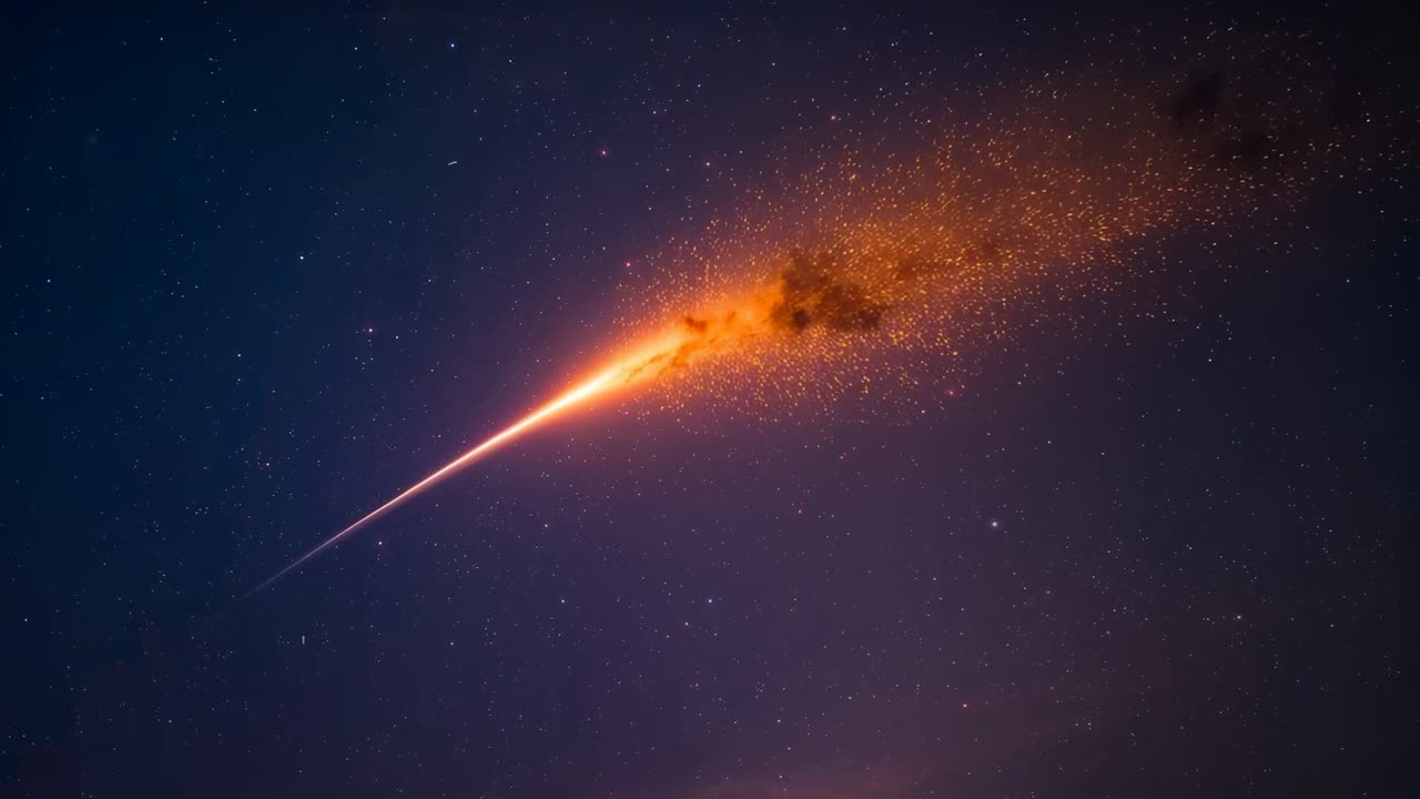 Meteor på vej ind i atmosfæren som en lys stribe hen over stjernehimlen med en hale af plasma og gnister