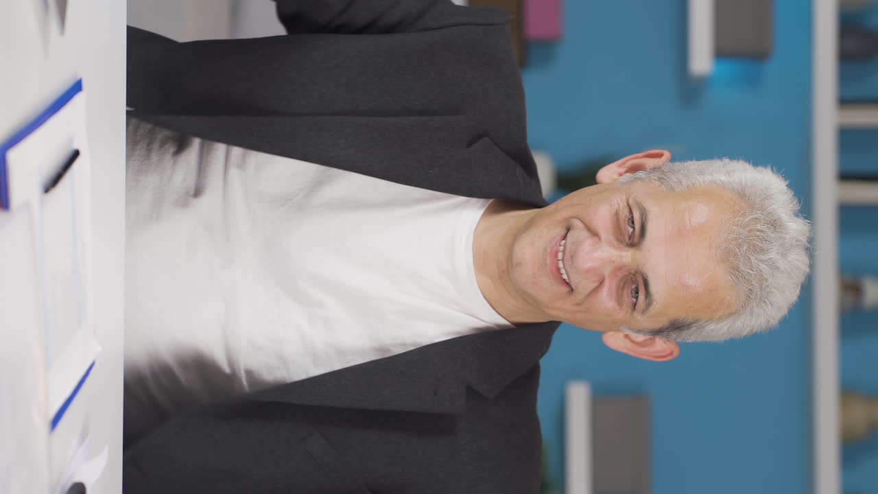 홈 오피스 근로자의 수직 비디오 남자는 카메라를 바라보며 심장 기호를 만 ⁇ 니다.