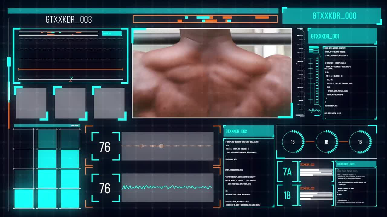 animación de procesamiento de datos deportivos hombre afroamericano haciendo ejercicio en fondo negro.