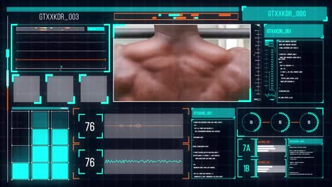 animation of sports data processing african american man exercising on black background