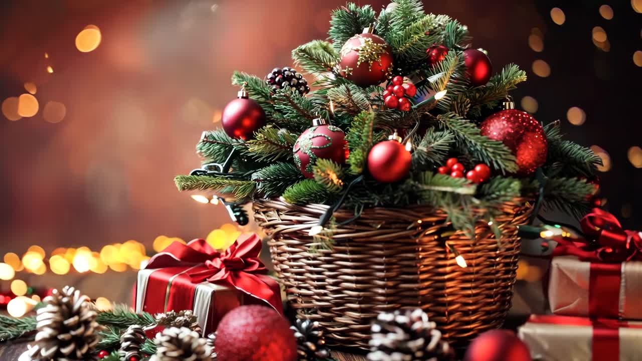 A Christmas tree with red and green decorations sits on a wooden table. The tree is surrounded by pine cones and other ornaments, and there are two boxes nearby. The scene conveys a festive