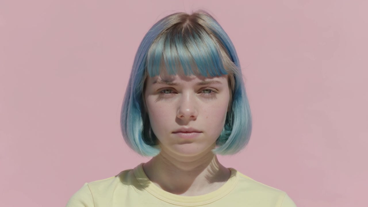 Camera rolling, subject blinking, shifting head on pink wall for portrait study, in pale yellow tee