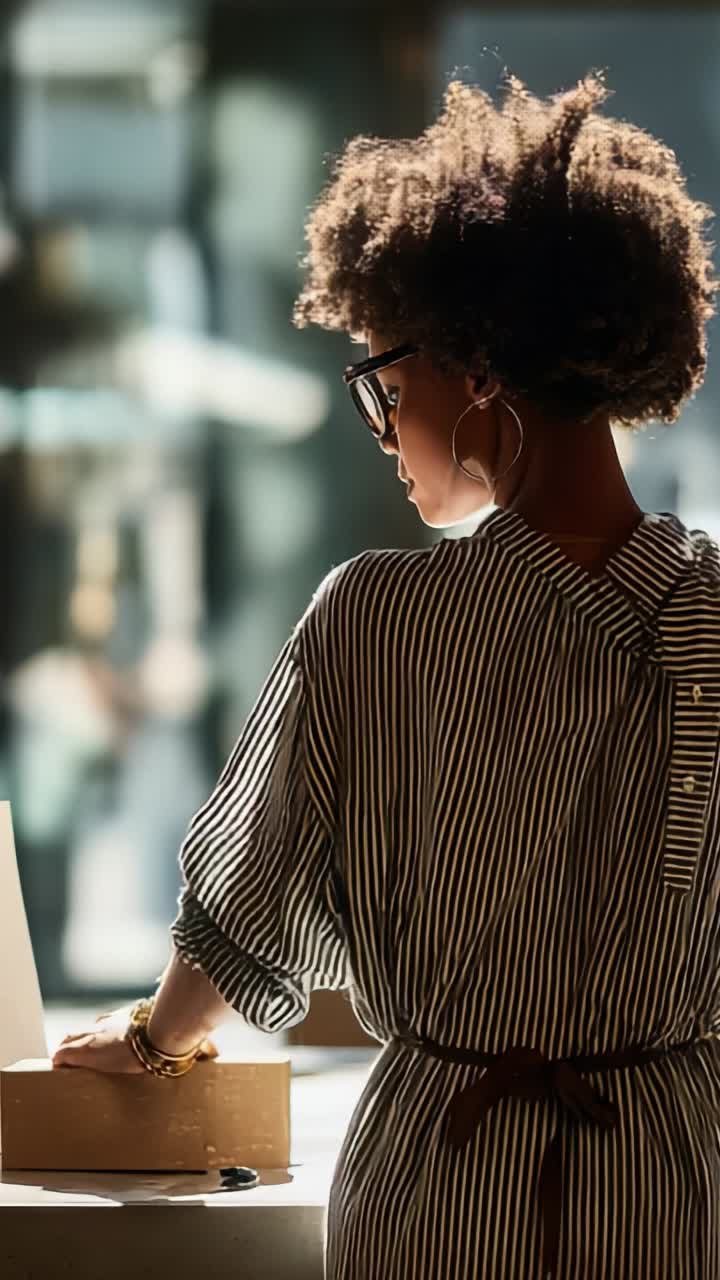 Uma mulher pensativa vestindo roupas listradas olha para fora em contemplação, cercada por luz suave e ambiente urbano, destacando estilo e reflexão