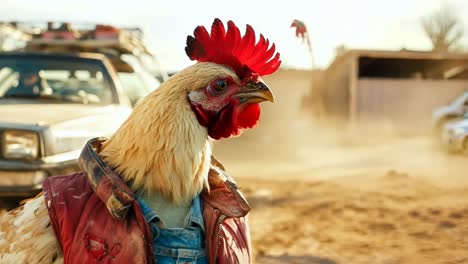 a rooster wearing a red jacket standing in the dirt