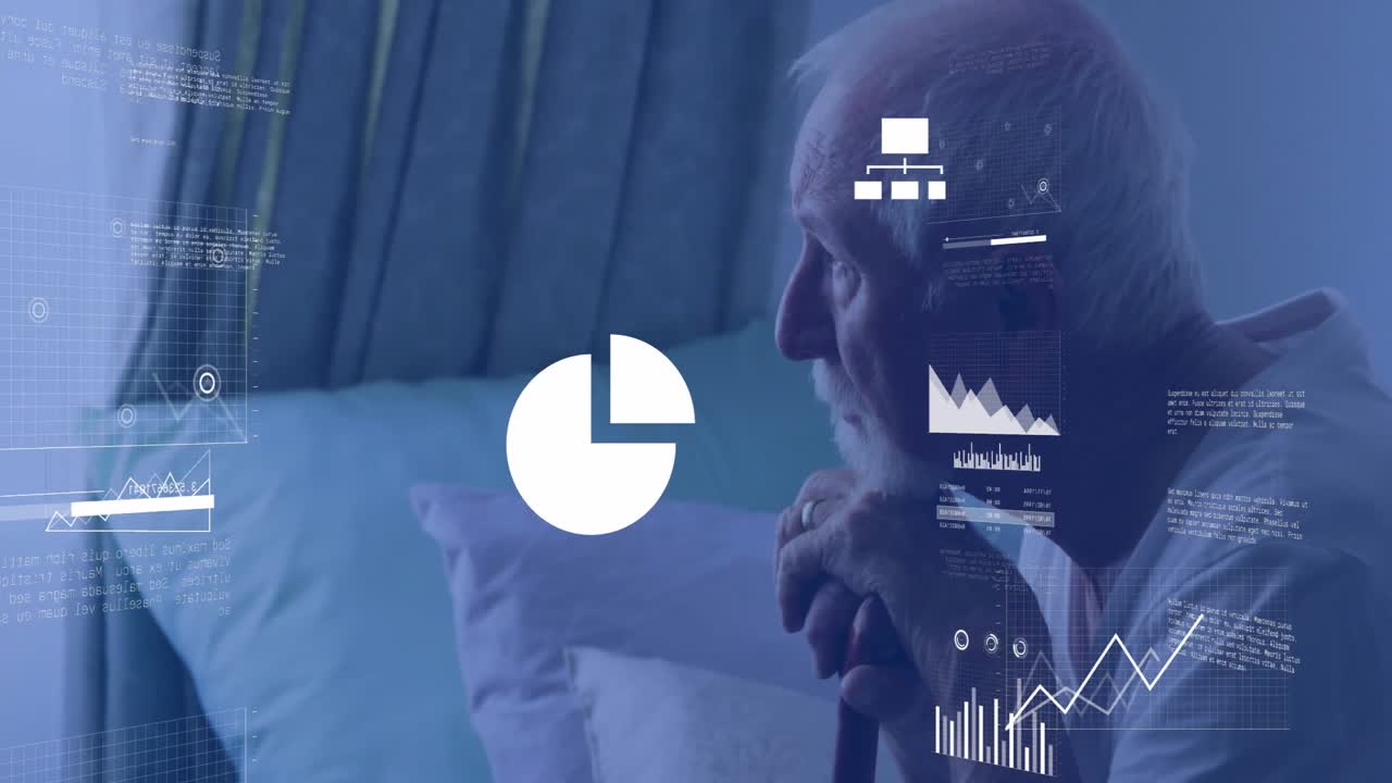 Senior man leaning on wooden cane on sofa, displaying floating finance charts and code snippets
