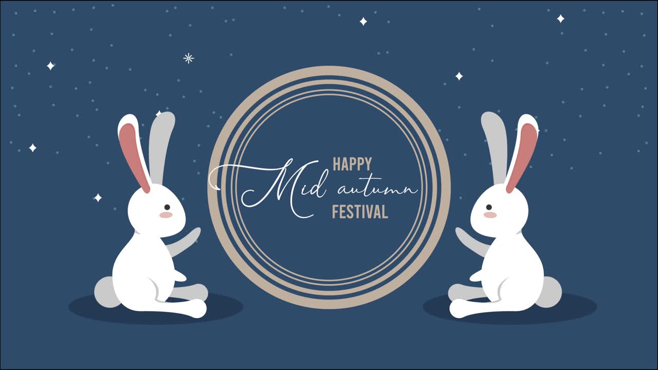 happy mid autumn festival lettering with rabbits and circular frame