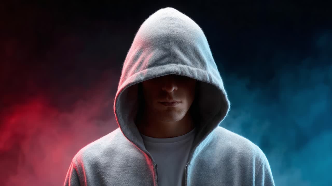 Mysterious Figure in a Hoodie Surrounded by Colorful Smoke: A Captivating Exploration of Identity, Emotion, and Atmosphere in a Striking Visual Composition