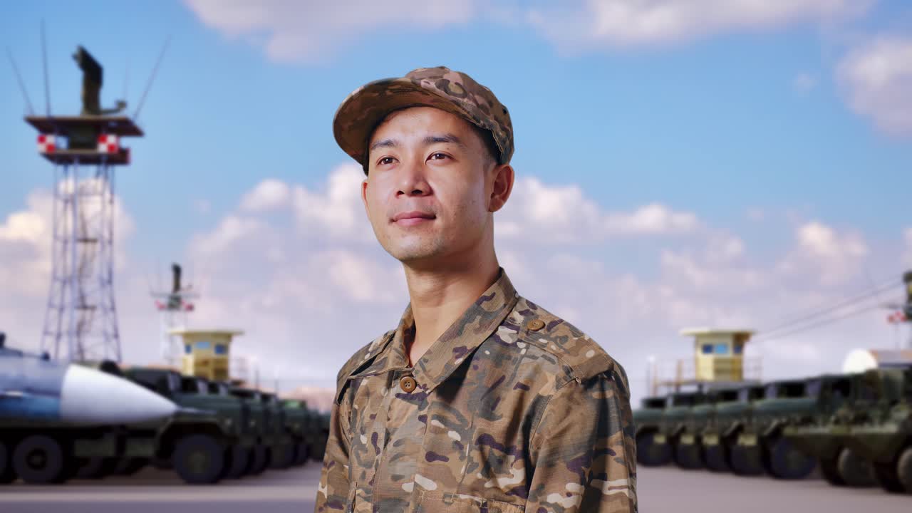 병영 에 서 있는 동안 주위를 둘러보는 아시아인 남자 군인