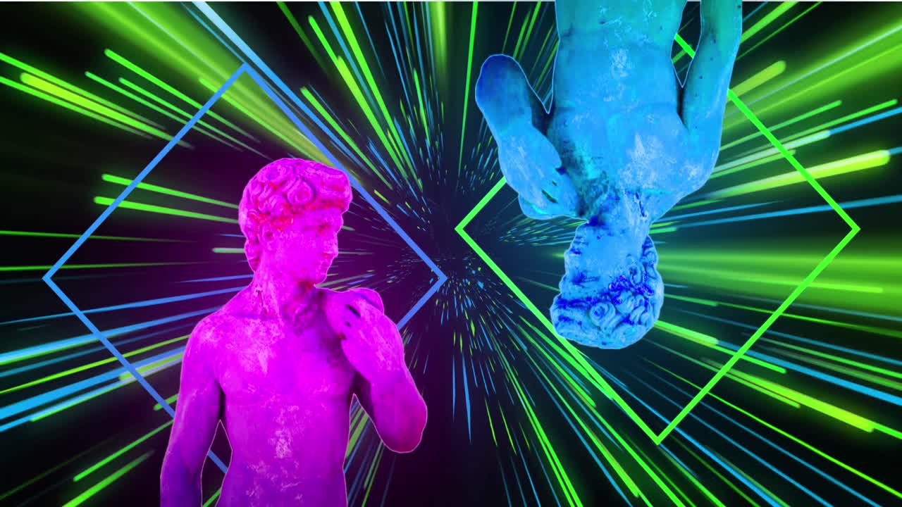 animación de esculturas antiguas sobre senderos de luz de neón verde y azul