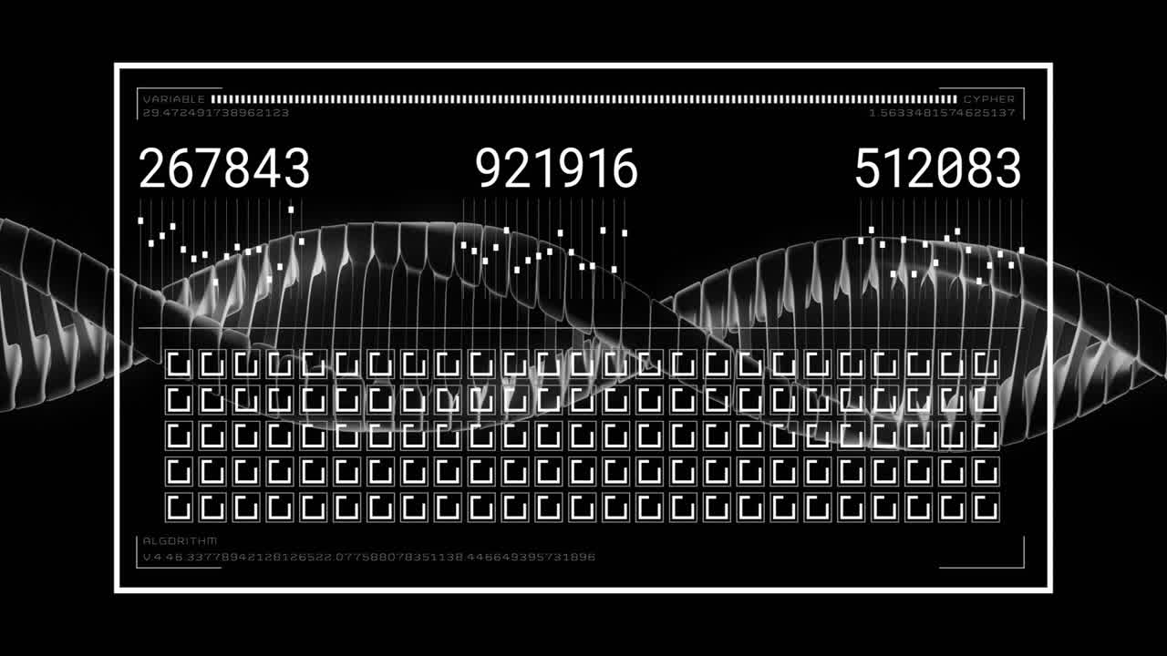 animación de procesamiento de datos digital con números y formas de onda sobre fondo negro