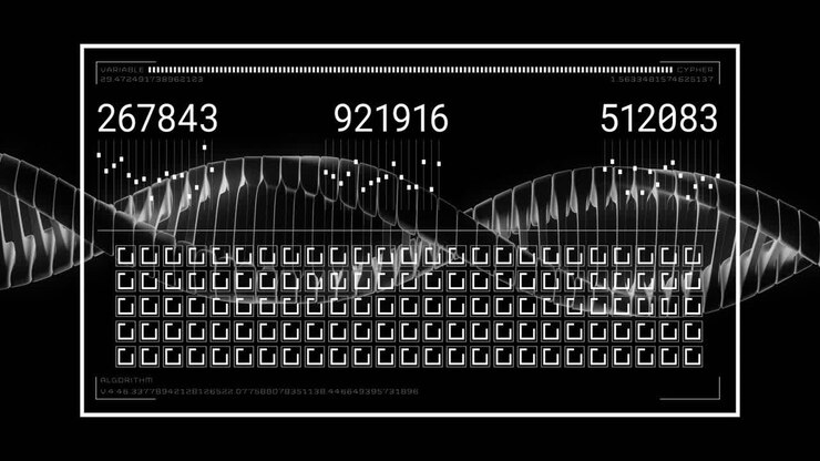 Animazione di elaborazione dati digitali con numeri e forme d'onda su sfondo nero