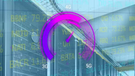 Animation-of-data-processing-and-server-room-over-speedometer