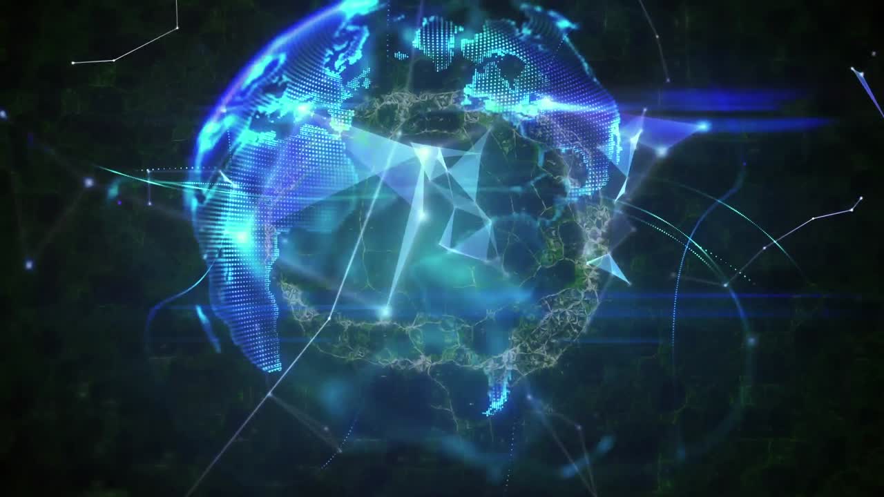 Animación de un globo terráqueo y puntos conectados sobre un cerebro humano digital sobre un fondo abstracto.