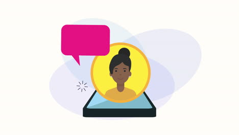 mujer en teléfono inteligente con animación de marketing de redes sociales